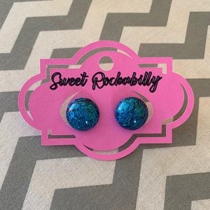 Electric Blue Round Glitter Earrings
